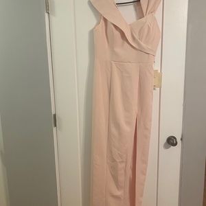 (Light Pink) Sheath/Column One Shoulder Satin Bridesmaid Dress with Split front